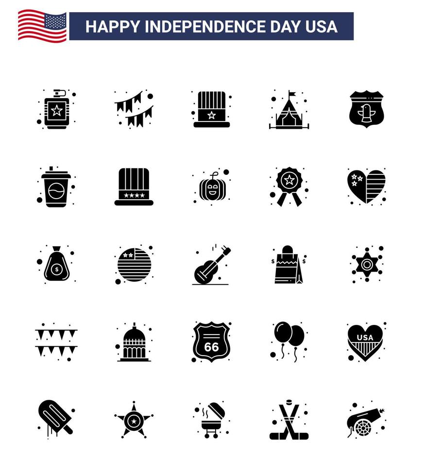 Stati Uniti d'America contento indipendenza pictogram impostato di 25 semplice solido glifo di sheild campeggio festa campo cappello modificabile Stati Uniti d'America giorno vettore design elementi