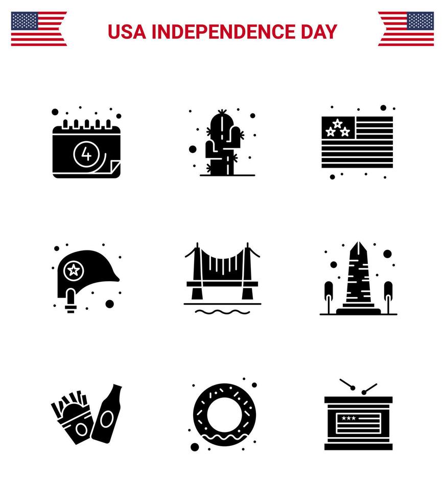 9 Stati Uniti d'America solido glifo imballare di indipendenza giorno segni e simboli di città ponte nazione stella casco modificabile Stati Uniti d'America giorno vettore design elementi