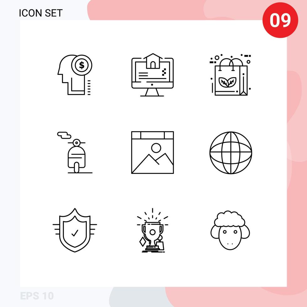 pittogramma impostato di 9 semplice lineamenti di computer trasporto Borsa scooter riciclare modificabile vettore design elementi