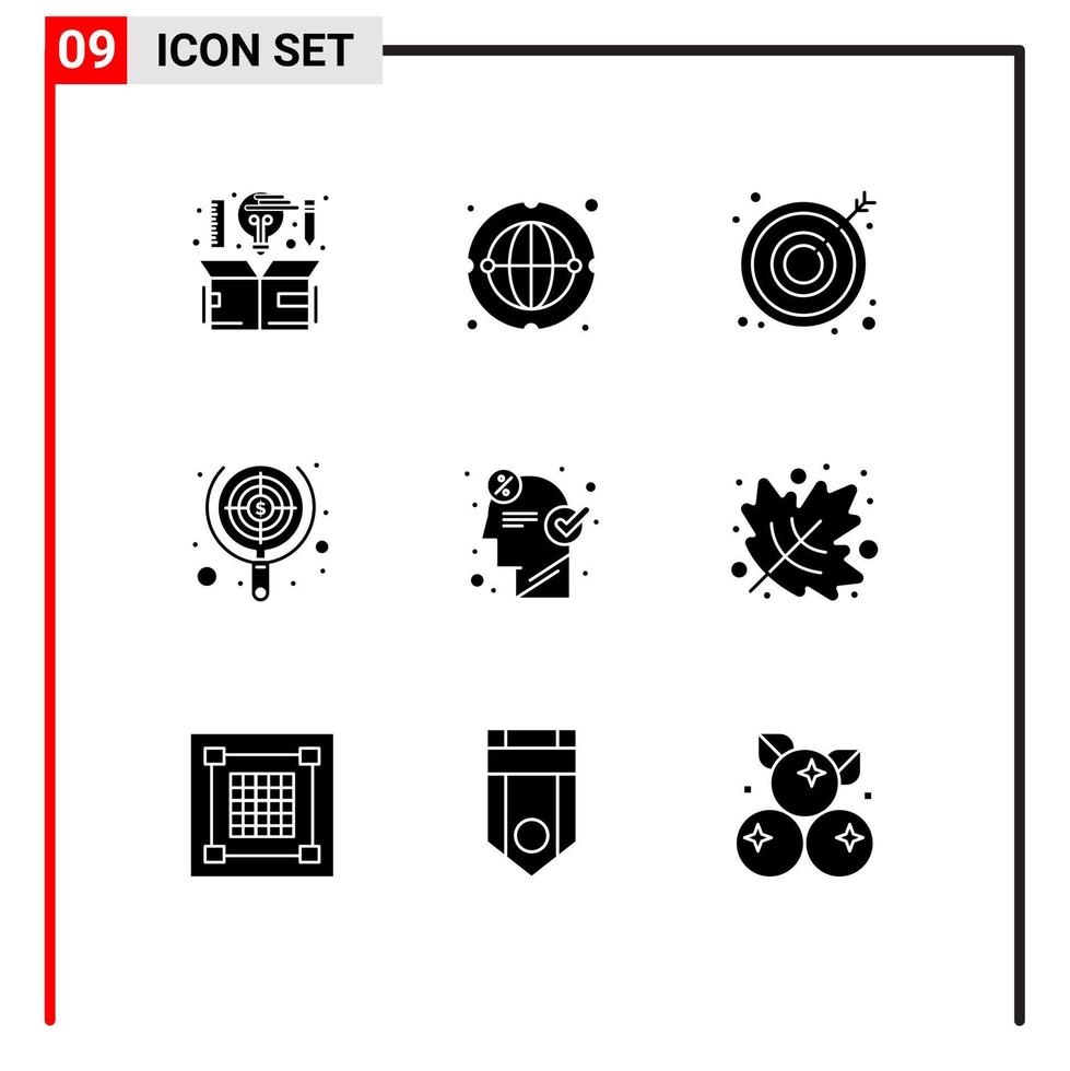 moderno impostato di 9 solido glifi pittogramma di cervello messa a fuoco In tutto il mondo bersaglio ricerca modificabile vettore design elementi