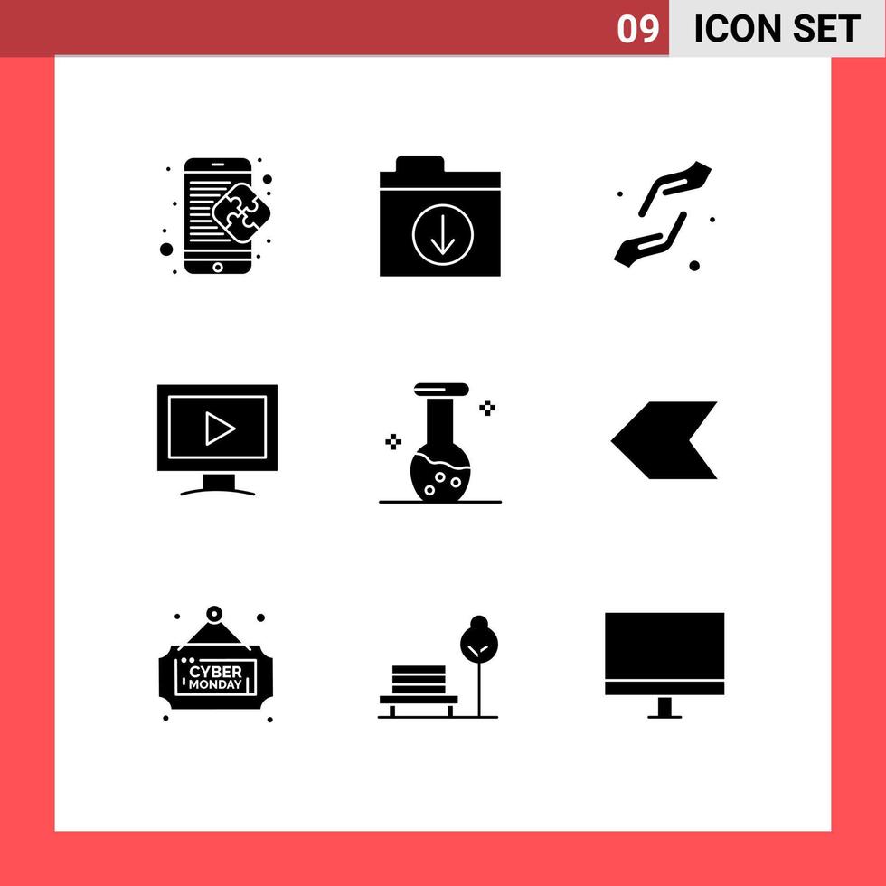 moderno impostato di 9 solido glifi pittogramma di analisi video cura schermo shahada modificabile vettore design elementi