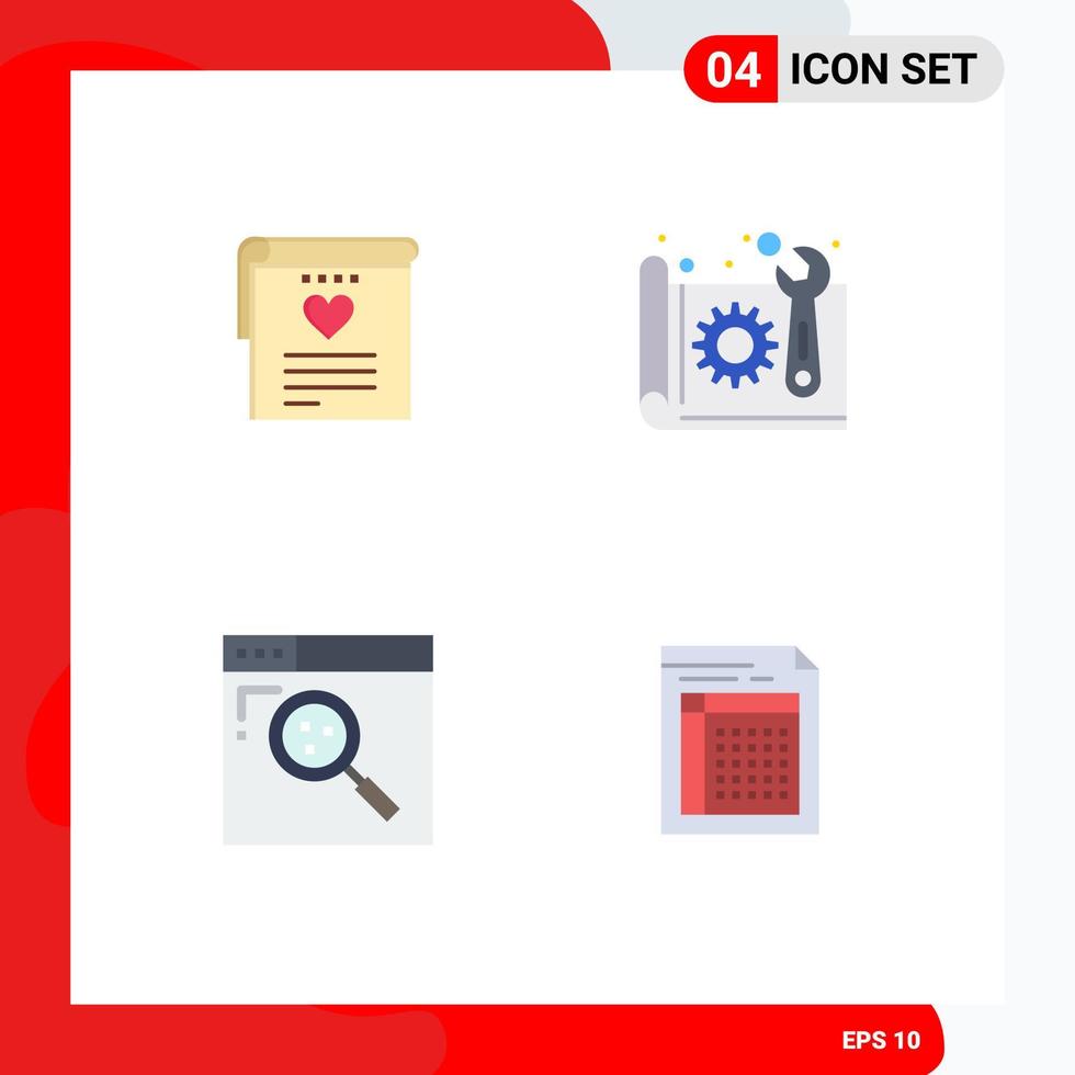 gruppo di 4 moderno piatto icone impostato per file del browser cuore costruzione ricerca modificabile vettore design elementi