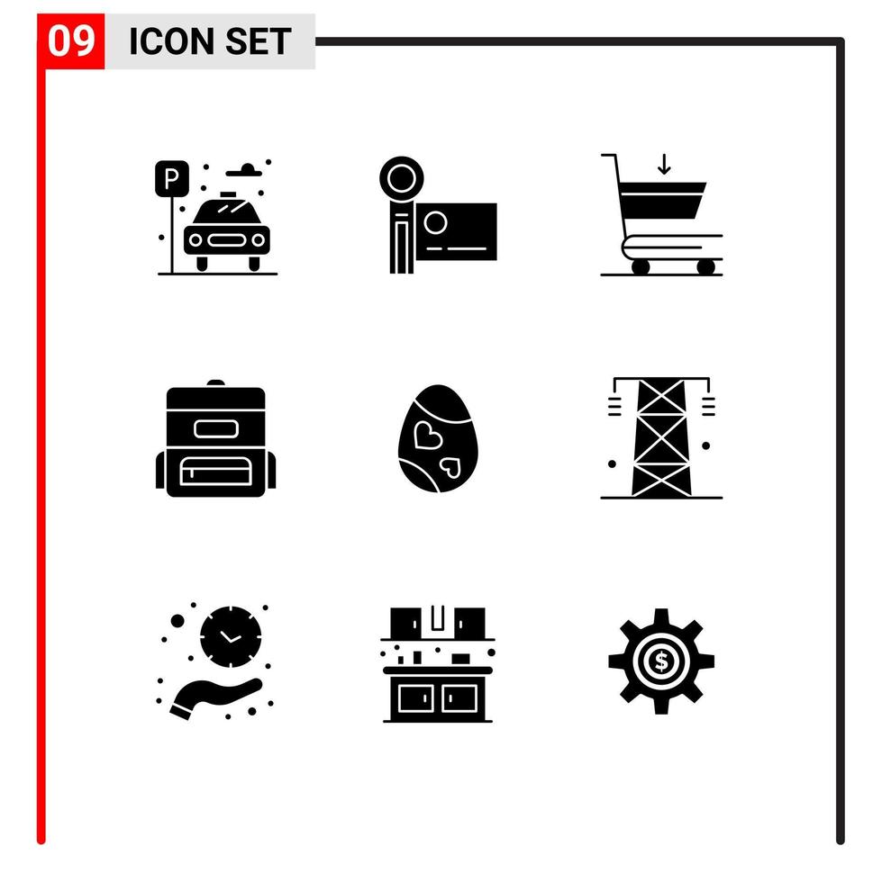 9 solido glifo concetto per siti web mobile e applicazioni Pasqua uccello video telecamera cartella Borsa modificabile vettore design elementi