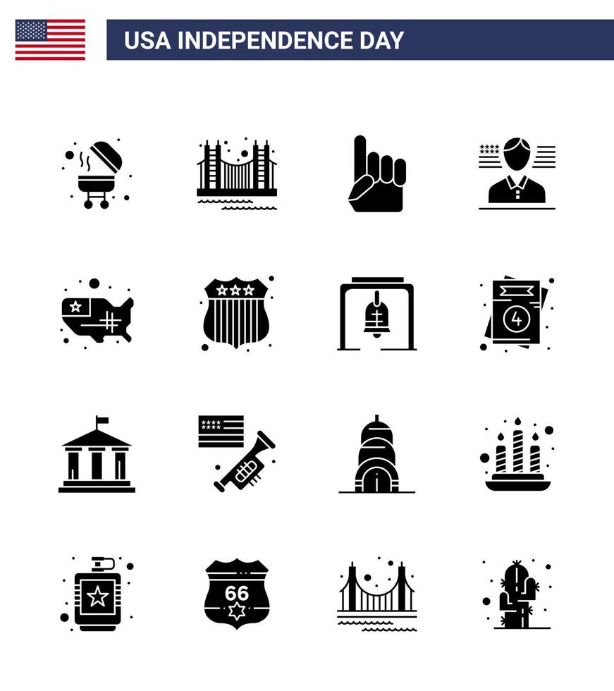 16 Stati Uniti d'America solido glifo imballare di indipendenza giorno segni e simboli di stati bandiera Stati Uniti d'America americano americano modificabile Stati Uniti d'America giorno vettore design elementi