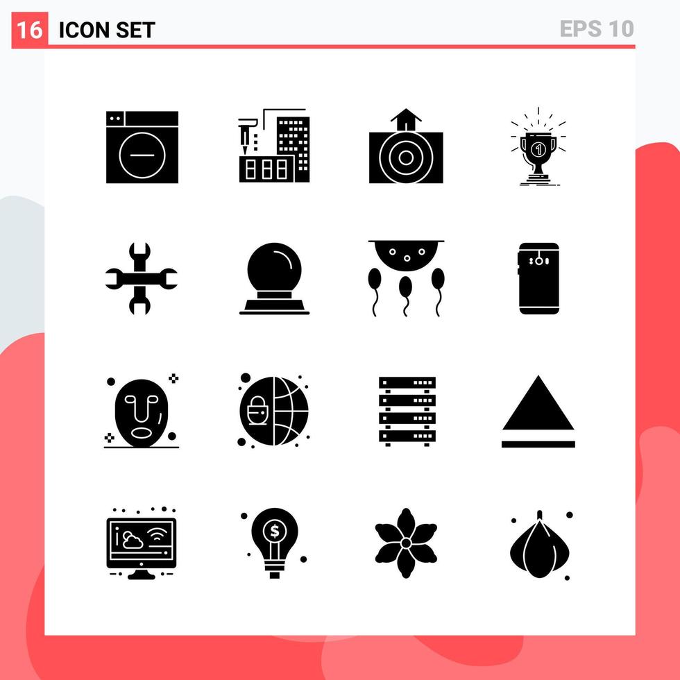collezione di 16 vettore icone nel solido stile moderno glifo simboli per ragnatela e mobile solido icona cartello isolato su bianca sfondo 16 icone