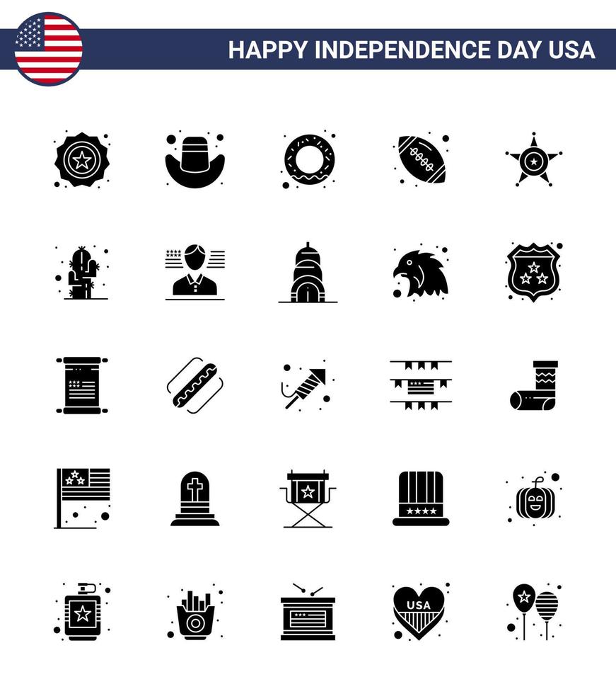 Stati Uniti d'America contento indipendenza pictogram impostato di 25 semplice solido glifo di Stati Uniti d'America polizia cibo uomini gli sport modificabile Stati Uniti d'America giorno vettore design elementi
