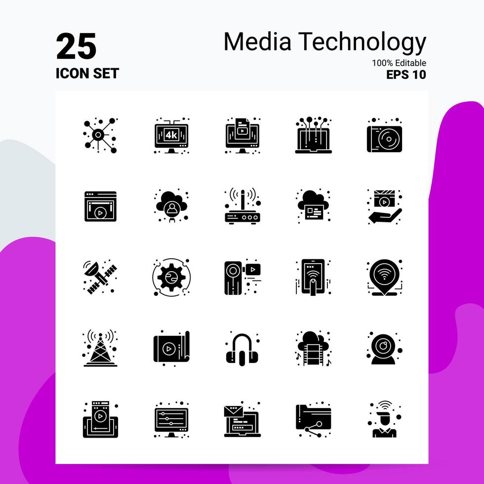 25 media tecnologia icona impostato 100 modificabile eps 10 File attività commerciale logo concetto idee solido glifo icona design vettore
