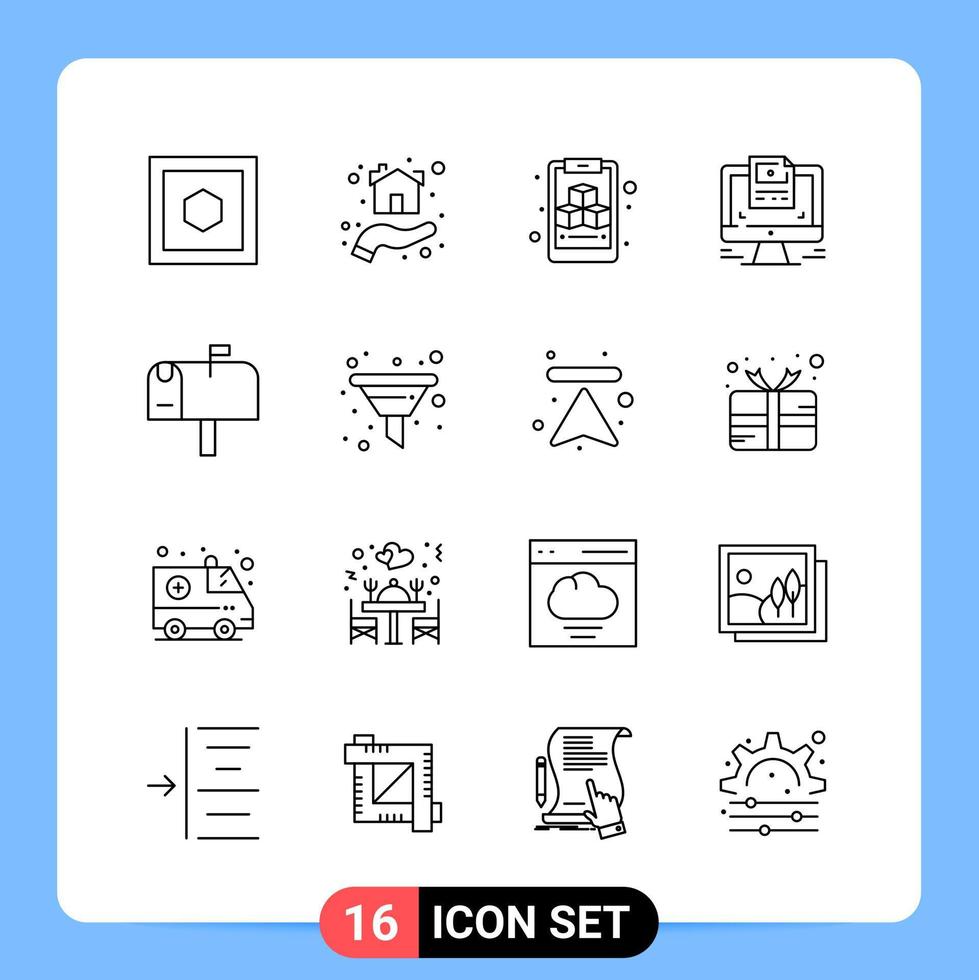 16 linea nero icona imballare schema simboli per mobile applicazioni isolato su bianca sfondo 16 icone impostato vettore