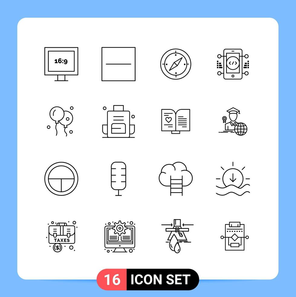 16 linea nero icona imballare schema simboli per mobile applicazioni isolato su bianca sfondo 16 icone impostato vettore