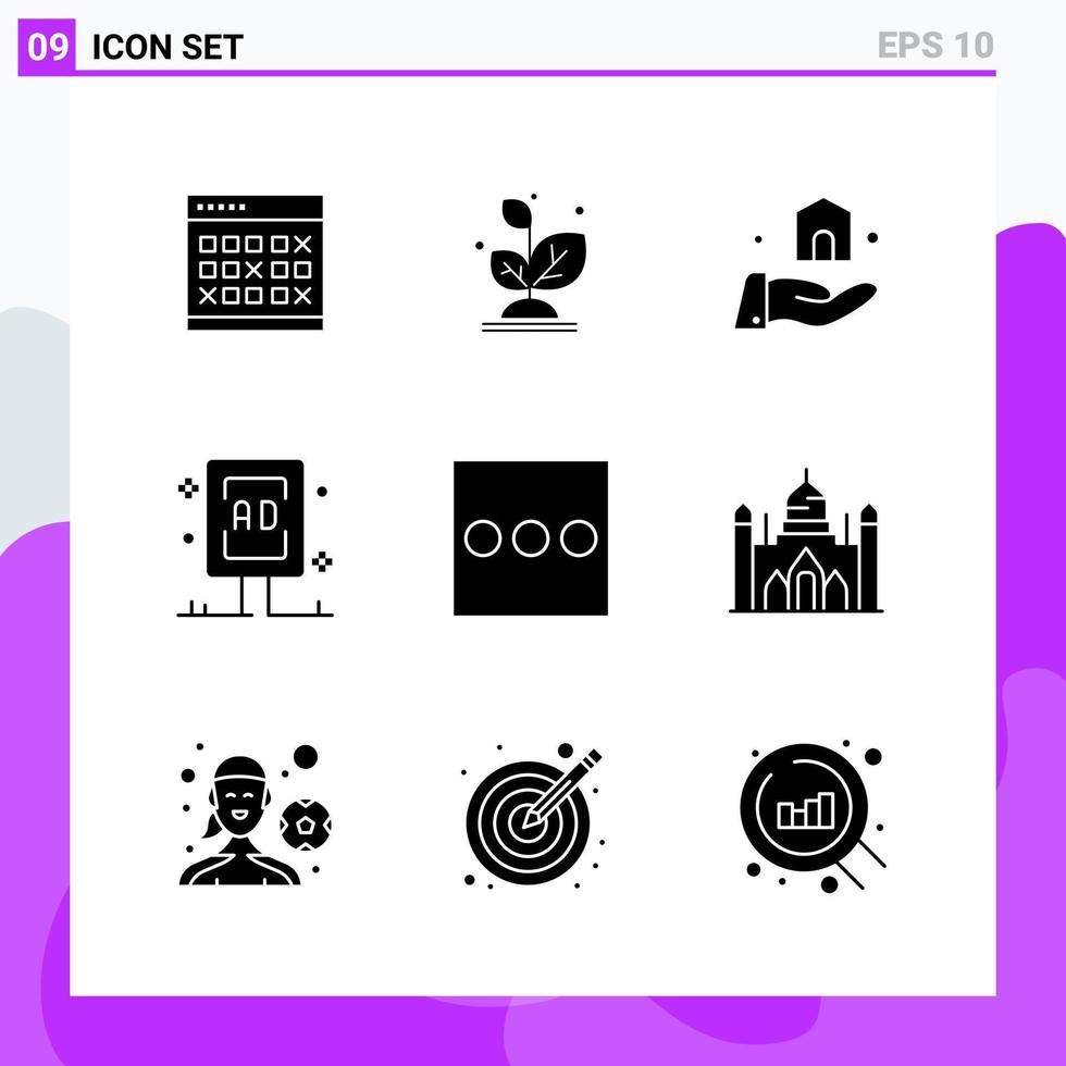 impostato di 9 icone nel solido stile creativo glifo simboli per sito web design e mobile applicazioni semplice solido icona cartello isolato su bianca sfondo 9 icone vettore
