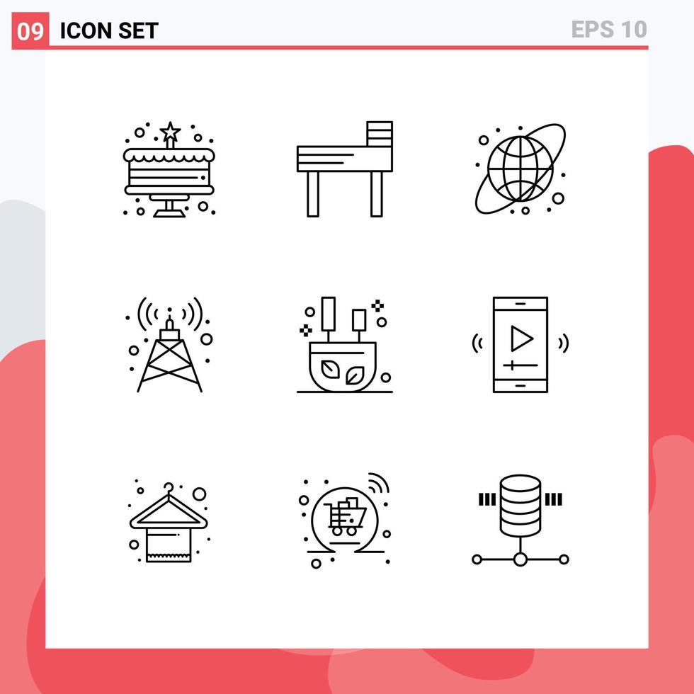 mobile interfaccia schema impostato di 9 pittogrammi di film schermo bastoni terra globo rilassare ardente modificabile vettore design elementi