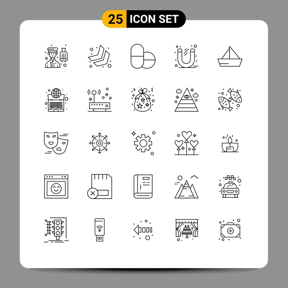 25 linea concetto per siti web mobile e applicazioni nave barca pillole attrezzo ufficio modificabile vettore design elementi