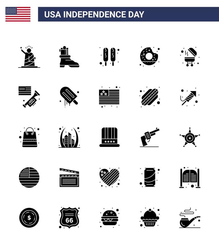 Stati Uniti d'America contento indipendenza pictogram impostato di 25 semplice solido glifo di griglia barbecue Mais cane cibo il giro modificabile Stati Uniti d'America giorno vettore design elementi