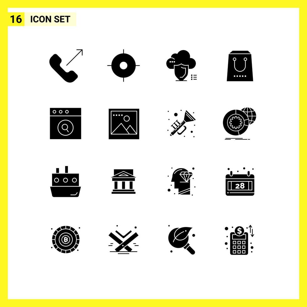 16 solido glifo concetto per siti web mobile e applicazioni App pacchetto sicuro e acquistare modificabile vettore design elementi