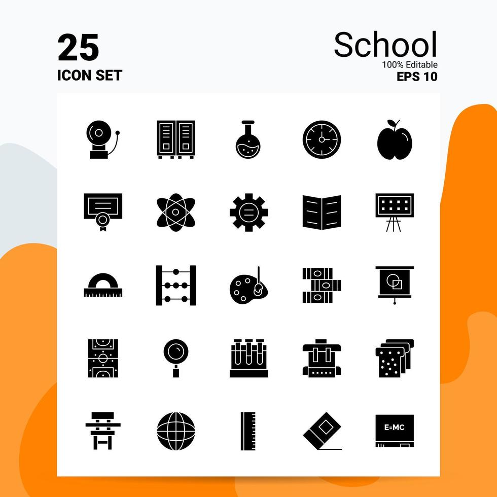 25 scuola icona impostato 100 modificabile eps 10 File attività commerciale logo concetto idee solido glifo icona design vettore