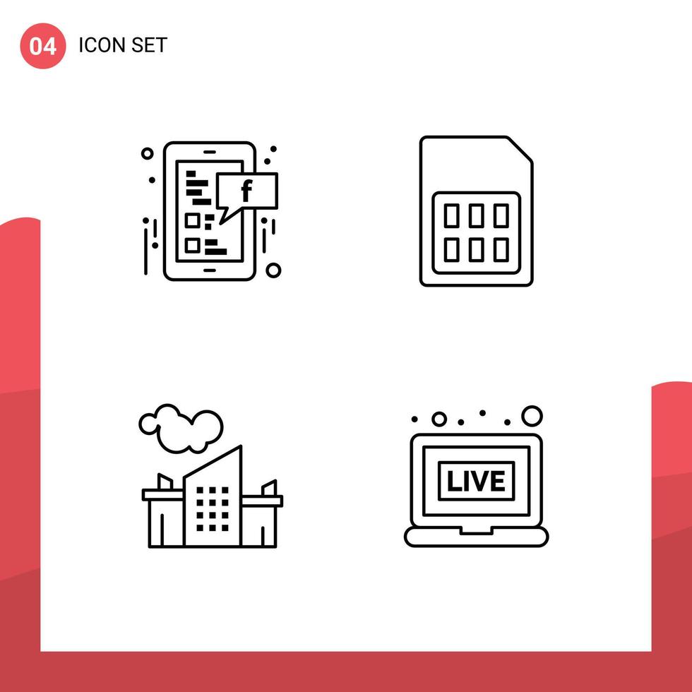 pittogramma impostato di 4 semplice riga piena piatto colori di Facebook fabbrica mobile Telefono paesaggio modificabile vettore design elementi