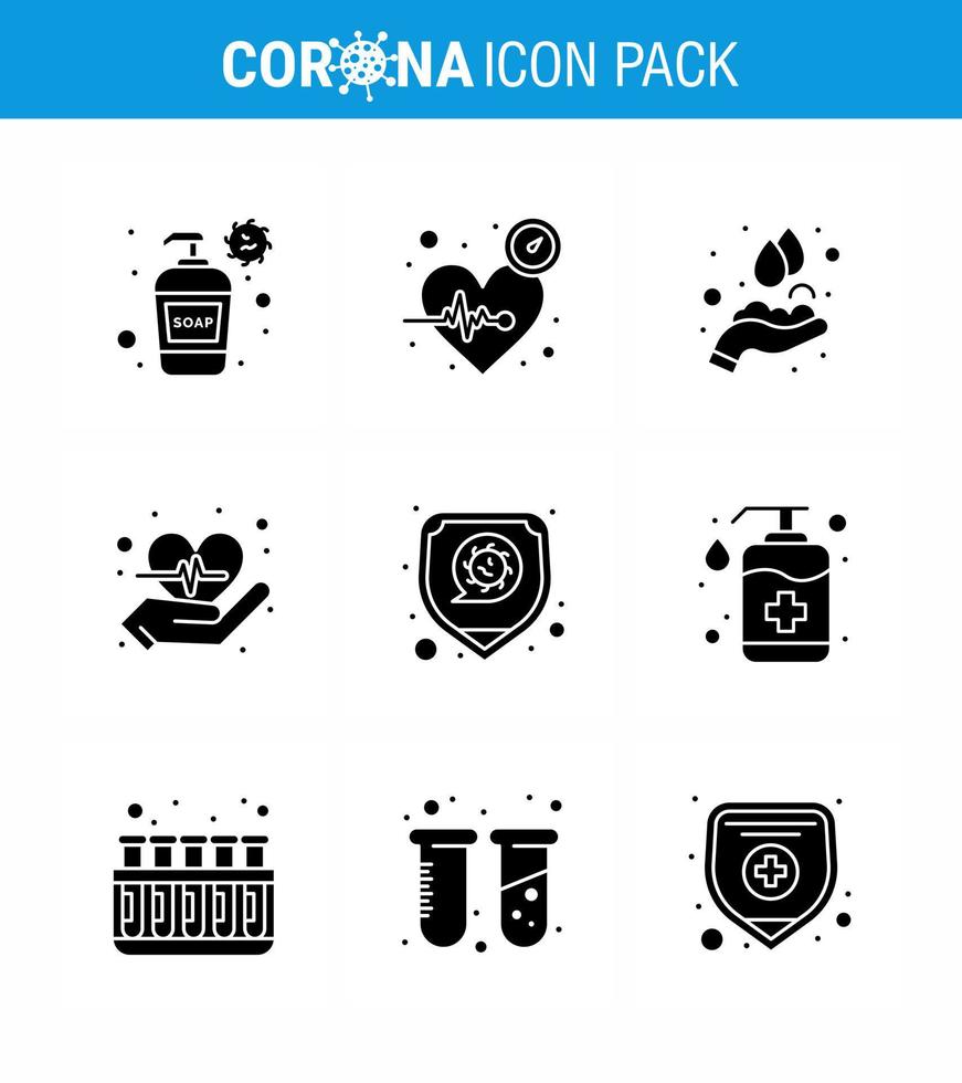 coronavirus prevenzione impostato icone 9 solido glifo nero icona come come protezione amore cura cuore lavaggio virale coronavirus 2019 nov malattia vettore design elementi