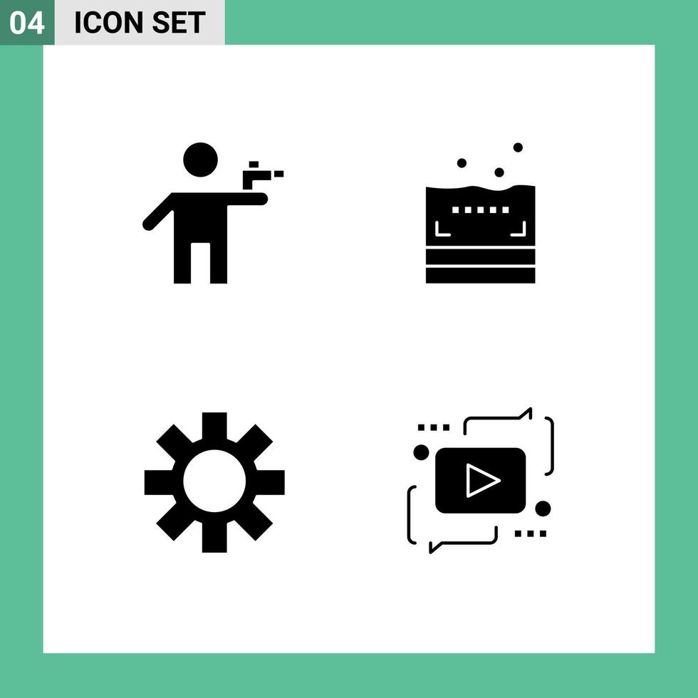 pittogramma impostato di 4 semplice solido glifi di pistola ingranaggio uccisore bagno pubblicità modificabile vettore design elementi