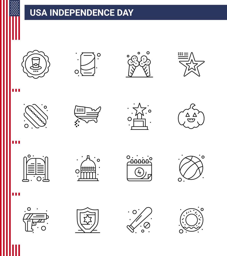 Stati Uniti d'America contento indipendenza pictogram impostato di 16 semplice Linee di hot dog Stati Uniti d'America gelato bandiera stella modificabile Stati Uniti d'America giorno vettore design elementi