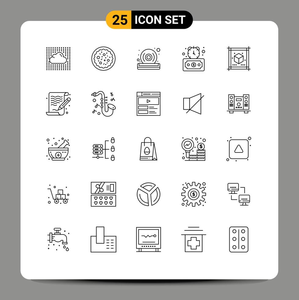 universale icona simboli gruppo di 25 moderno Linee di cubo veloce ristorante Scadenza giocatore modificabile vettore design elementi