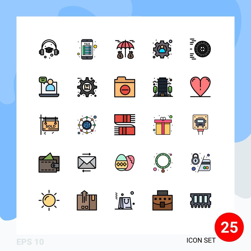 25 pieno linea piatto colore concetto per siti web mobile e applicazioni conversazione attività commerciale protezione ruota movimento modificabile vettore design elementi