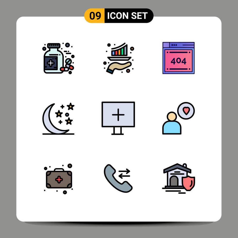 mobile interfaccia riga piena piatto colore impostato di 9 pittogrammi di mettere in guardia notte rapporto Luna codifica modificabile vettore design elementi