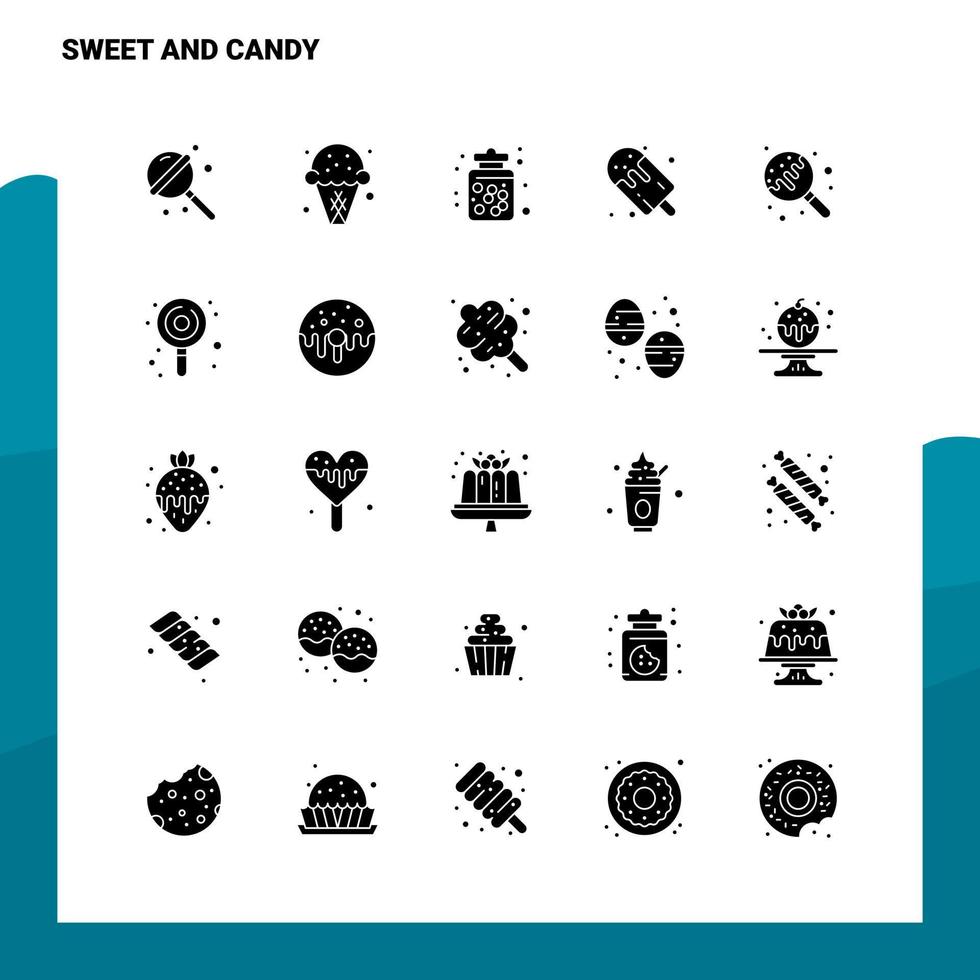 25 dolce e caramella icona impostato solido glifo icona vettore illustrazione modello per ragnatela e mobile idee per attività commerciale azienda