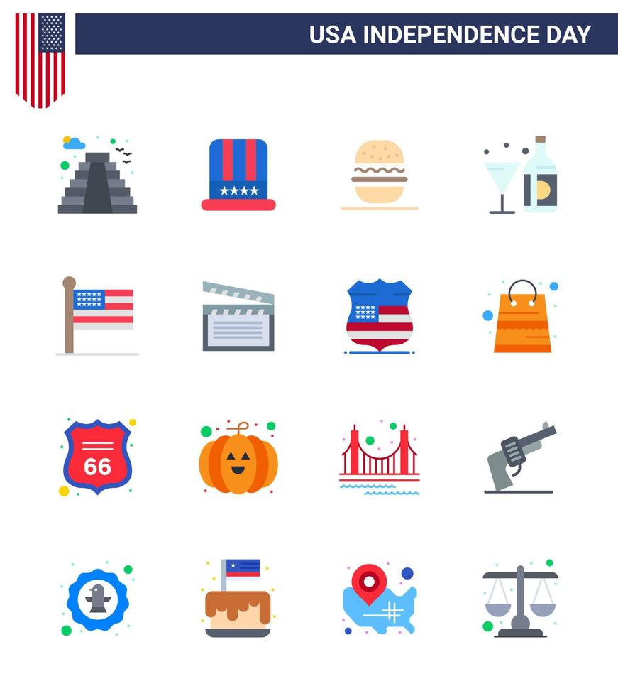 16 Stati Uniti d'America piatto segni indipendenza giorno celebrazione simboli di bandiera bottiglia hamburger americano bevanda modificabile Stati Uniti d'America giorno vettore design elementi