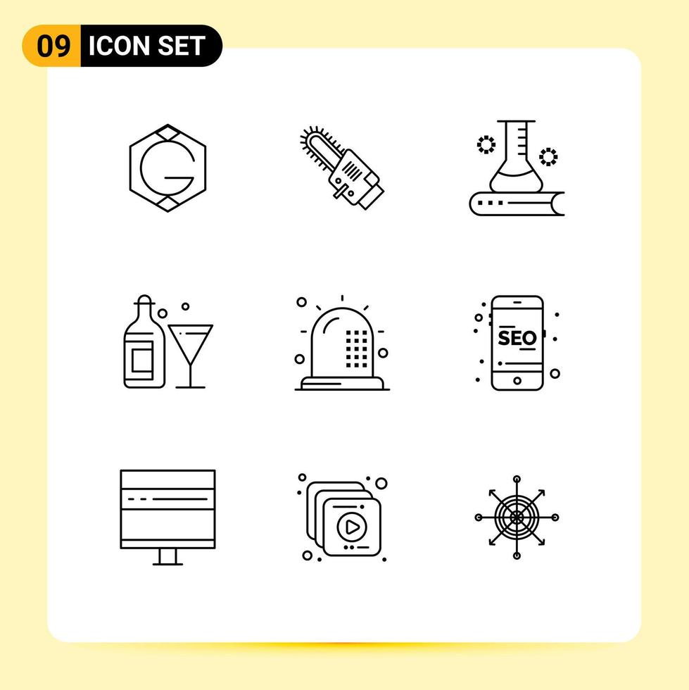 mobile interfaccia schema impostato di 9 pittogrammi di ambulanza bottiglia scienza e formazione scolastica bevanda scientifico modificabile vettore design elementi