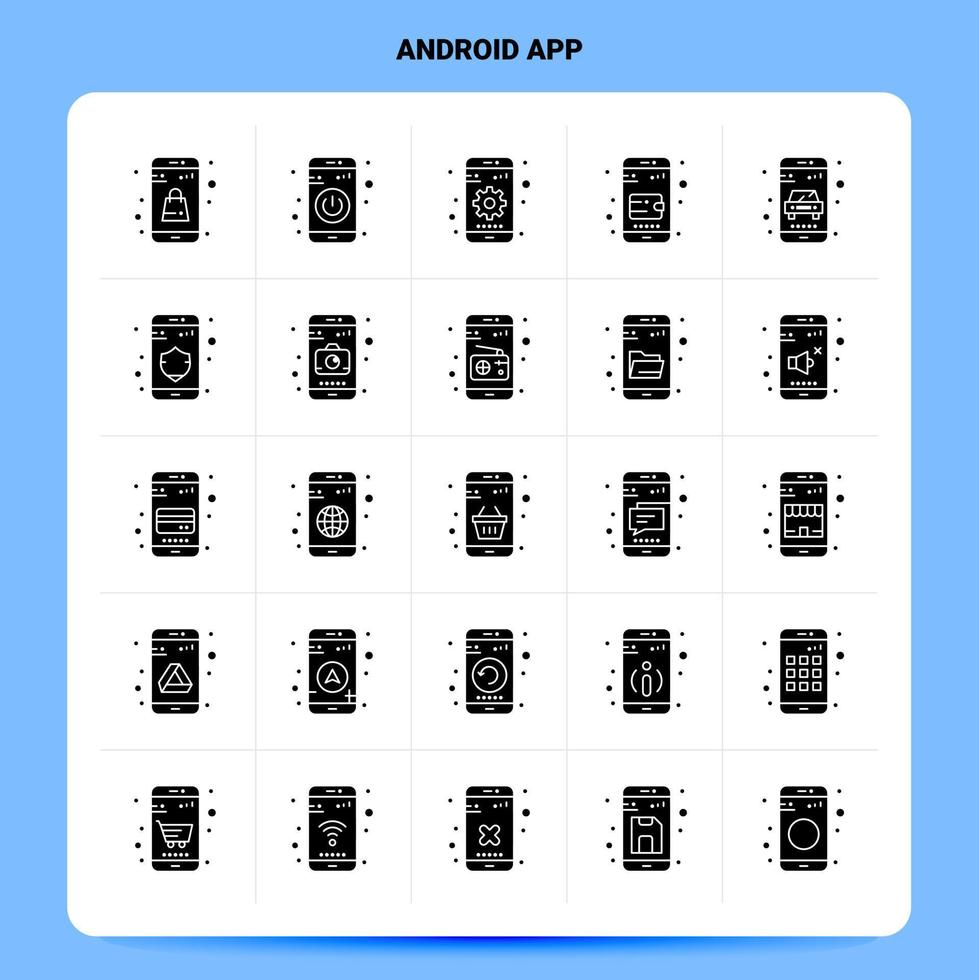 solido 25 androide App icona impostare. vettore glifo stile design nero icone impostare. ragnatela e mobile attività commerciale idee design vettore illustrazione.