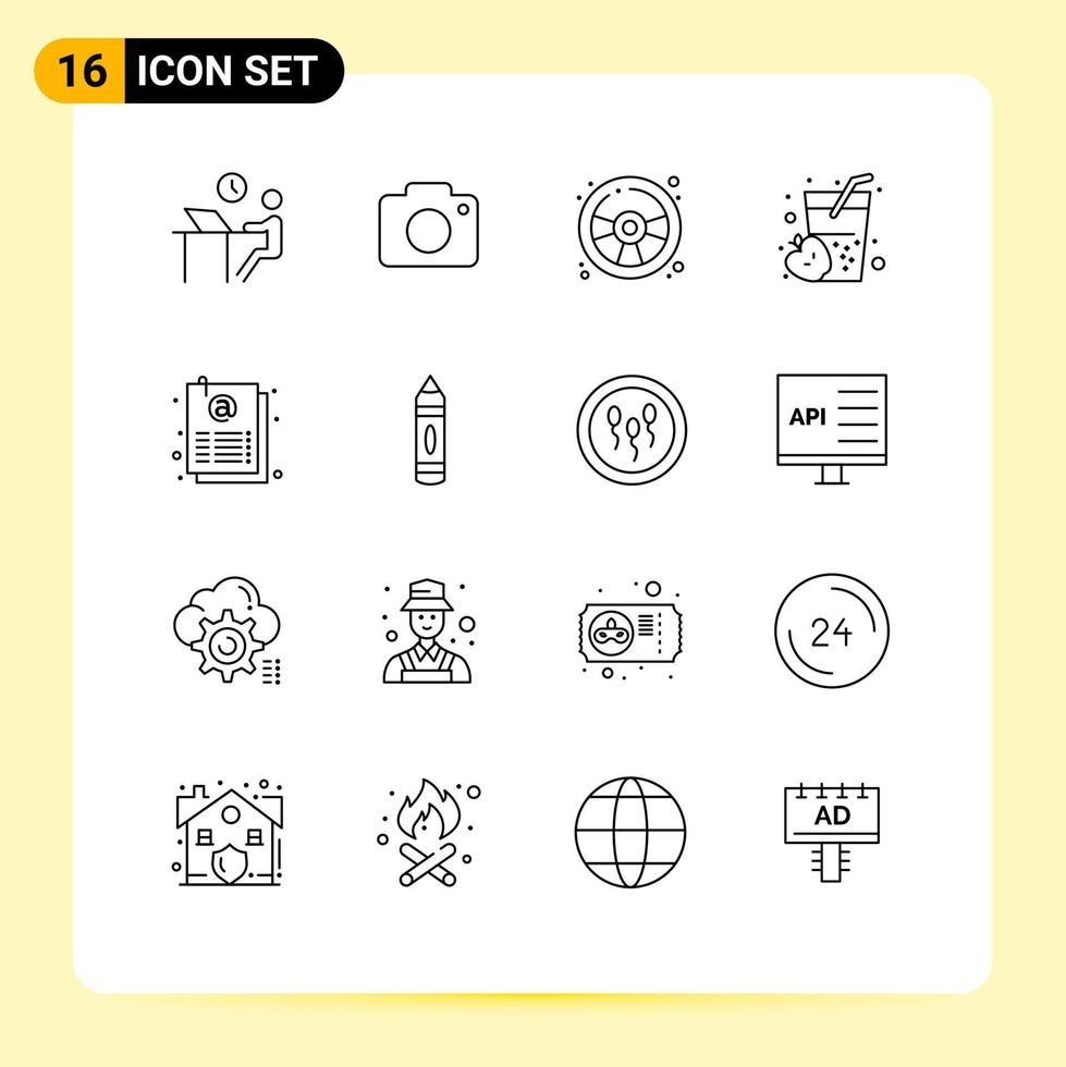 16 utente interfaccia schema imballare di moderno segni e simboli di documento cibo telecamera bevanda giocare modificabile vettore design elementi
