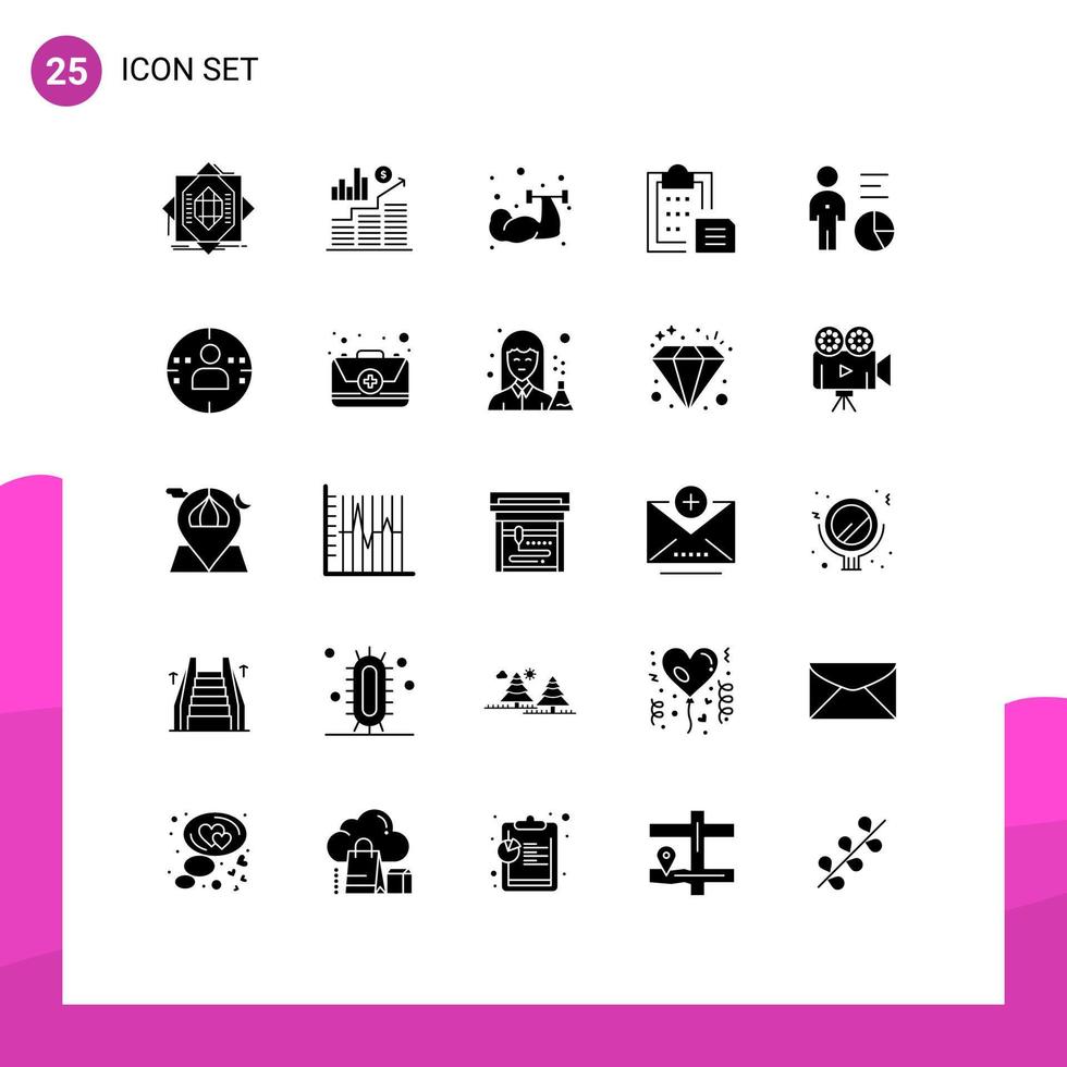 25 solido glifo concetto per siti web mobile e applicazioni incolla interfaccia grafico documento sollevamento pesi modificabile vettore design elementi