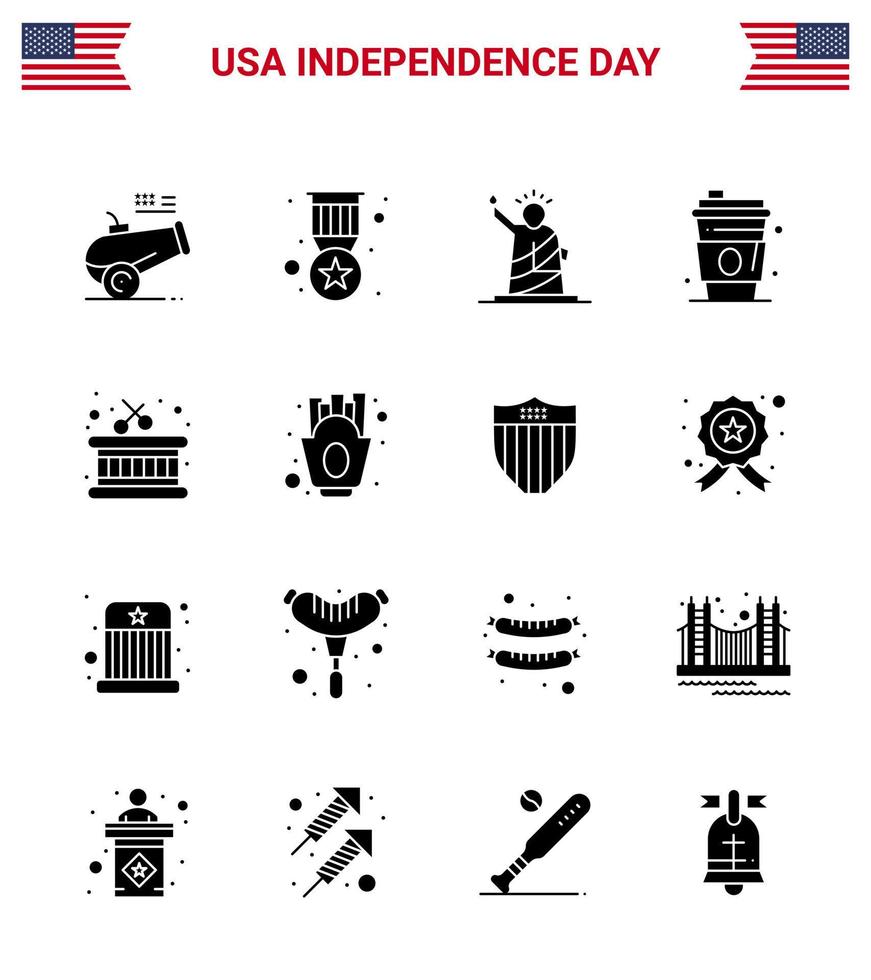 solido glifo imballare di 16 Stati Uniti d'America indipendenza giorno simboli di tamburo succo punti di riferimento bevanda Stati Uniti d'America modificabile Stati Uniti d'America giorno vettore design elementi