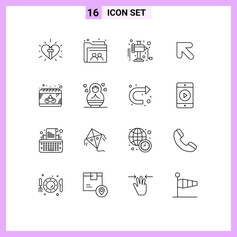 mobile interfaccia schema impostato di 16 pittogrammi di maschera calendario cartella sinistra freccia modificabile vettore design elementi