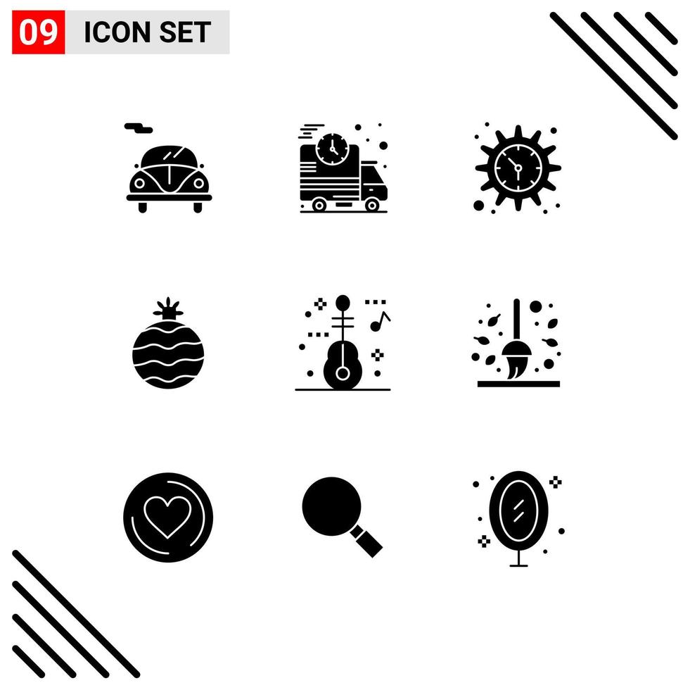 universale icona simboli gruppo di 9 moderno solido glifi di scopa viaggio ambientazione musica ananas modificabile vettore design elementi