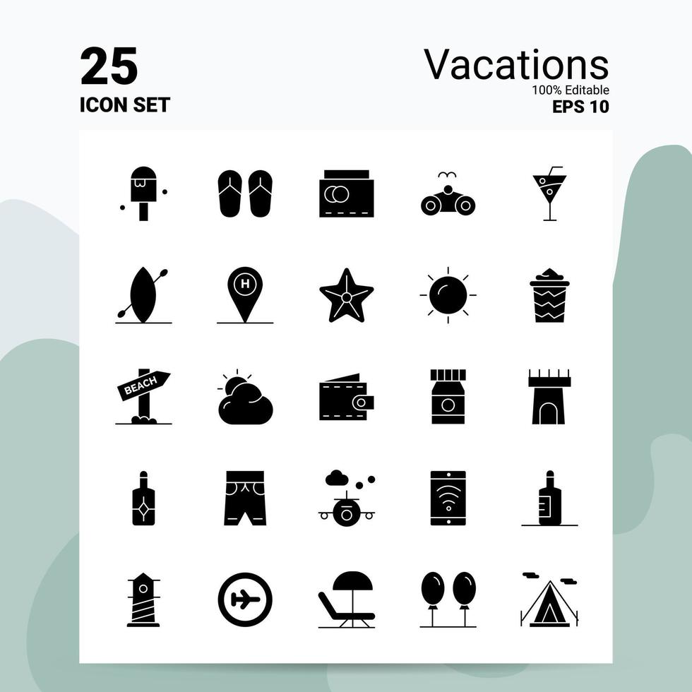 25 vacanze icona impostato 100 modificabile eps 10 File attività commerciale logo concetto idee solido glifo icona design vettore