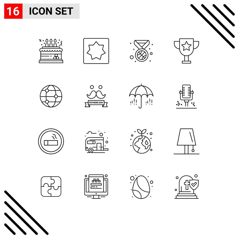 universale icona simboli gruppo di 16 moderno lineamenti di mondo globo puzzle trofeo premio modificabile vettore design elementi