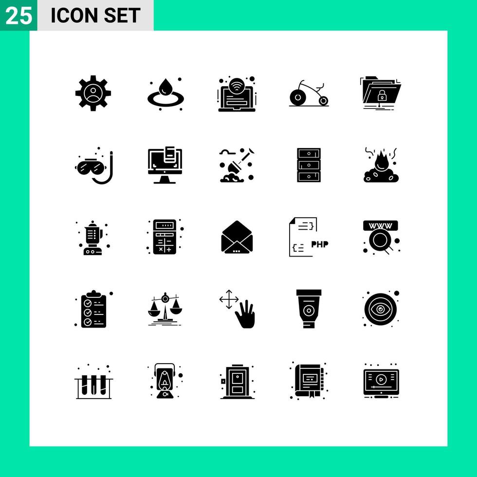 25 utente interfaccia solido glifo imballare di moderno segni e simboli di Rete File Hotel crittografia bicicletta modificabile vettore design elementi