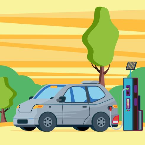 Automobile elettrica che fa pagare fuori all'illustrazione della centrale elettrica di rifornimento di carburante vettore