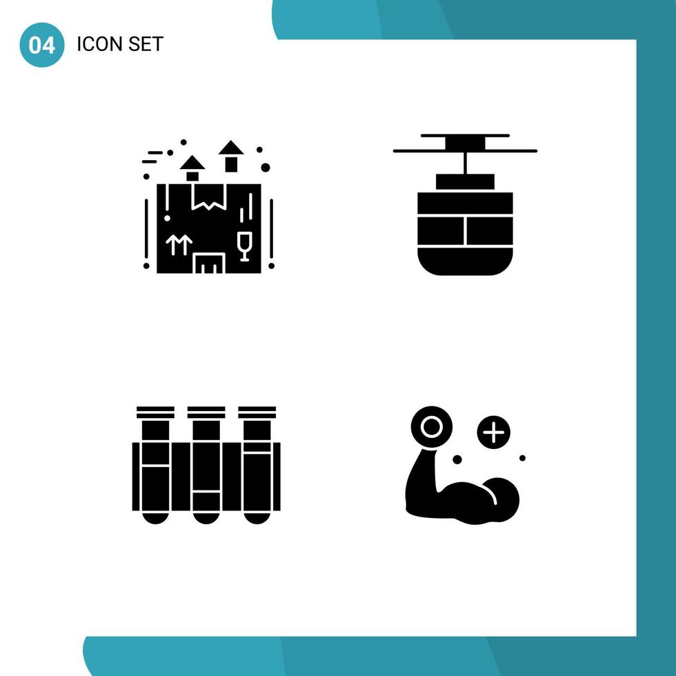 4 solido glifo concetto per siti web mobile e applicazioni scatola test pacchetto trasporto scienza modificabile vettore design elementi