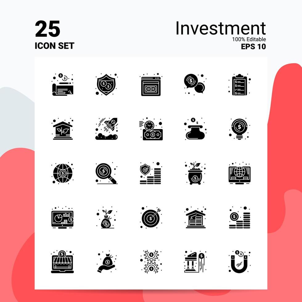 25 investimento icona impostato 100 modificabile eps 10 File attività commerciale logo concetto idee solido glifo icona design vettore