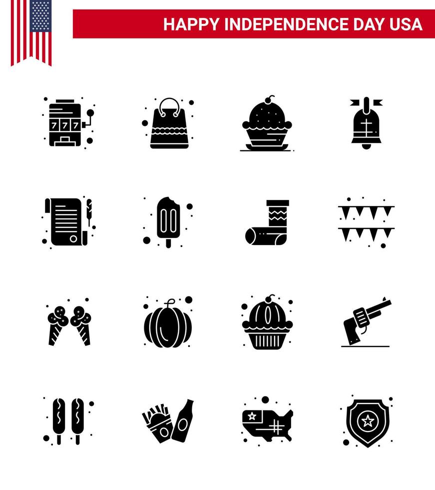 solido glifo imballare di 16 Stati Uniti d'America indipendenza giorno simboli di carta americano torta squillare ringraziamento modificabile Stati Uniti d'America giorno vettore design elementi