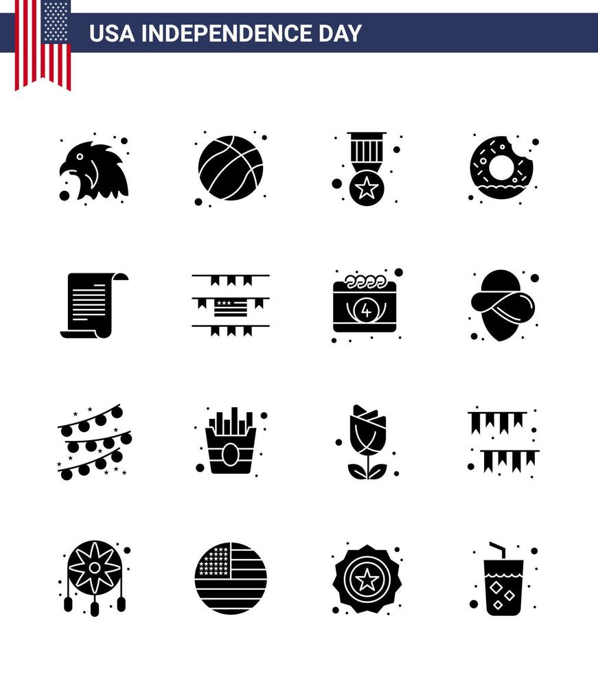 16 Stati Uniti d'America solido glifo segni indipendenza giorno celebrazione simboli di americano file distintivo cibo il giro modificabile Stati Uniti d'America giorno vettore design elementi
