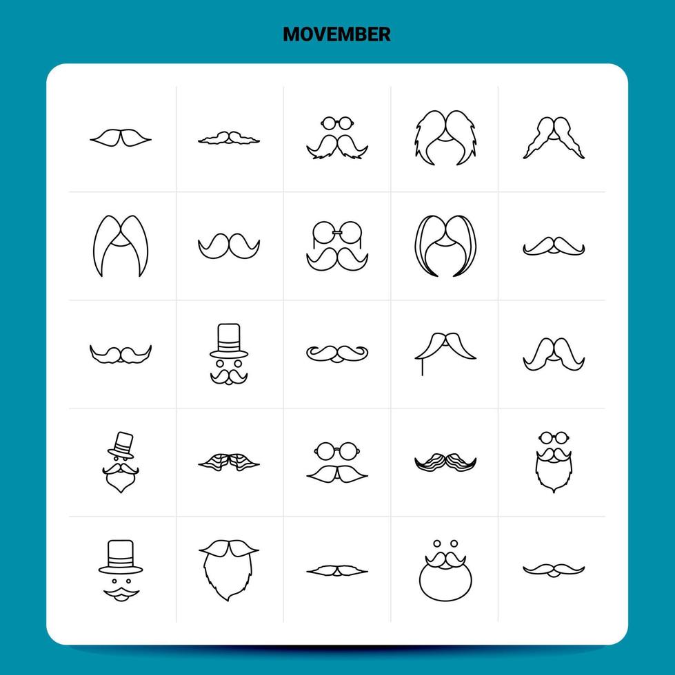 schema 25 Movember icona impostato vettore linea stile design nero icone impostato lineare pittogramma imballare ragnatela e mobile attività commerciale idee design vettore illustrazione