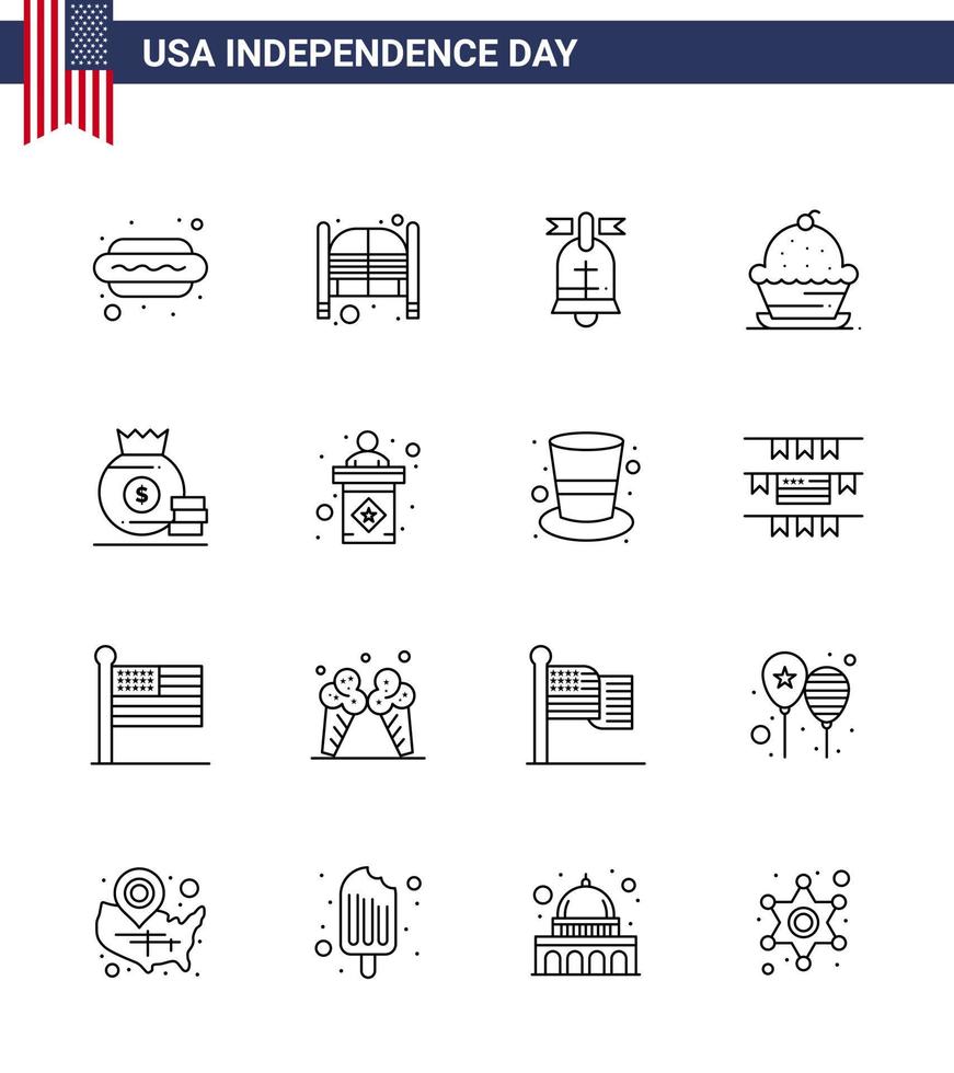 Stati Uniti d'America contento indipendenza pictogram impostato di 16 semplice Linee di ringraziamento focaccina Ingresso dolce Stati Uniti d'America modificabile Stati Uniti d'America giorno vettore design elementi