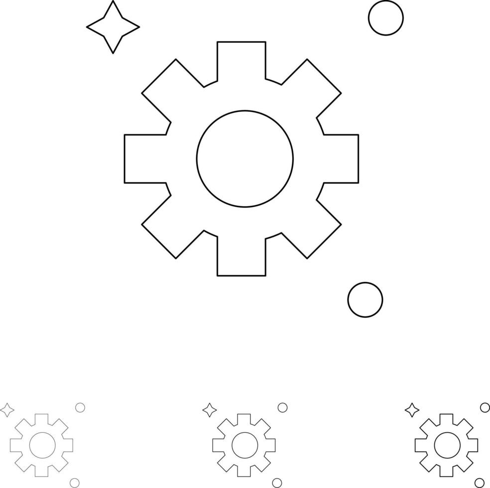 Ingranaggio ambientazione ingranaggi grassetto e magro nero linea icona impostato vettore