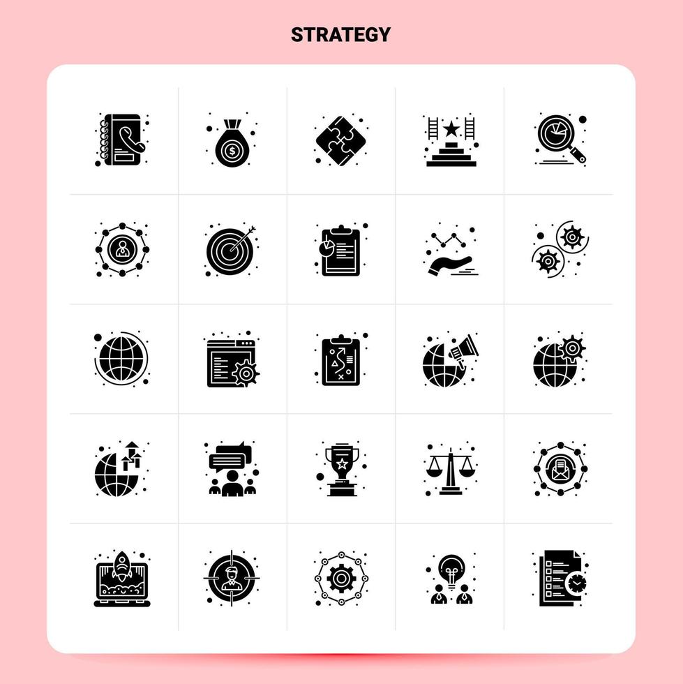 solido 25 strategia icona impostato vettore glifo stile design nero icone impostato ragnatela e mobile attività commerciale idee design vettore illustrazione