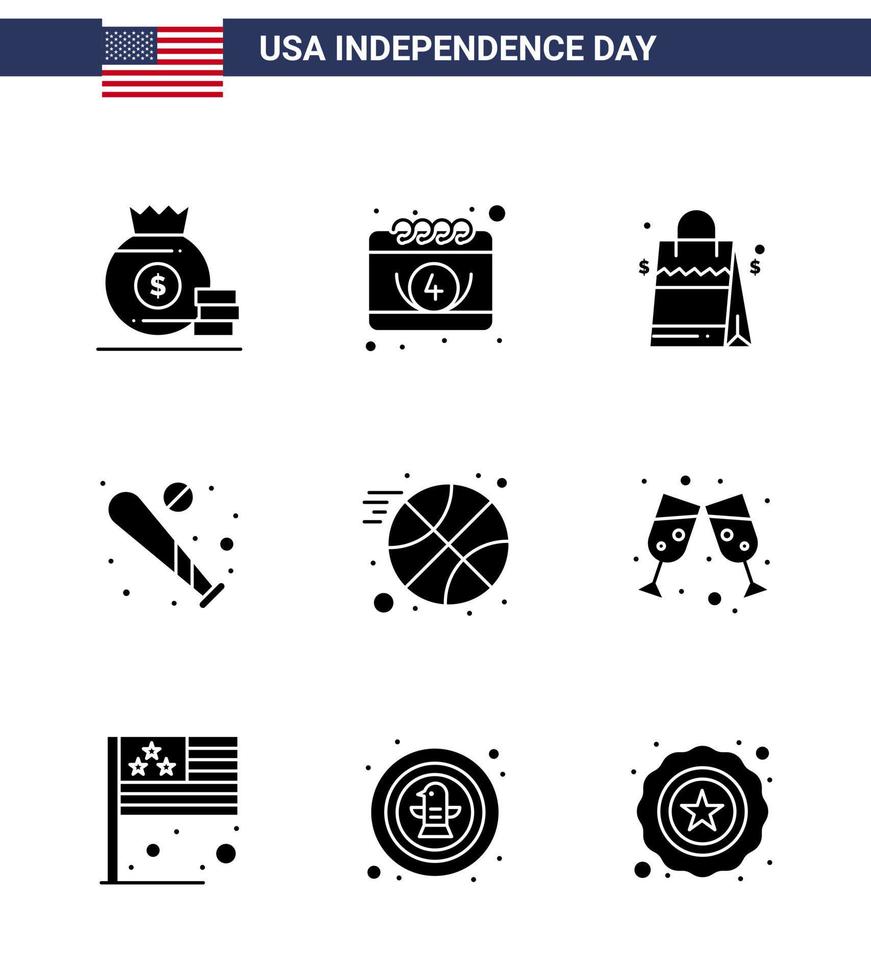 Stati Uniti d'America contento indipendenza pictogram impostato di 9 semplice solido glifi di pallacanestro gli sport Borsa pipistrello palla modificabile Stati Uniti d'America giorno vettore design elementi