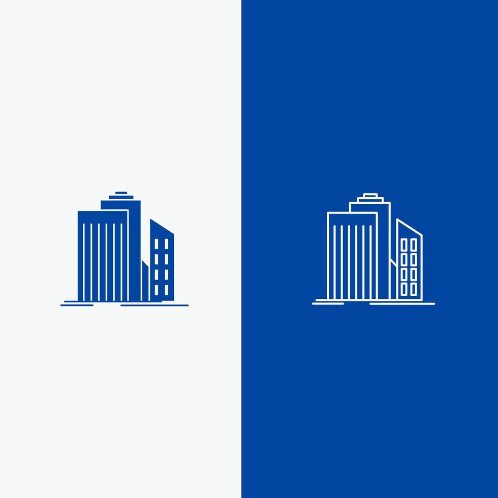 grattacielo architettura edifici attività commerciale ufficio vero tenuta linea e glifo solido icona blu bandiera linea e glifo solido icona blu bandiera vettore