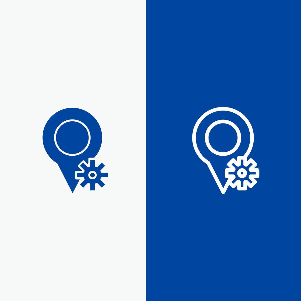 Posizione carta geografica impostazioni linea e glifo solido icona blu bandiera linea e glifo solido icona blu bandiera vettore